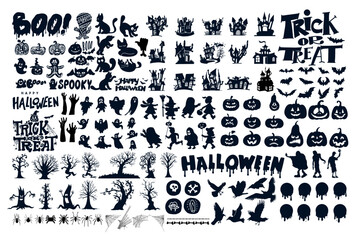 Collection of silhouettes of Halloween on a white background. Set of halloween silhouettes icon and character. Vector illustration. Template for celebration, holiday and decoration.