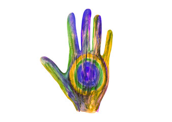 Watercolor right palm, human hand colorful rainbow imaginary, illustration isolated for your design