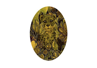 Watercolor cat cheetah in a tropical garden with wild flower , for your design