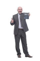 serious business man with a calculator.isolated on a white background.