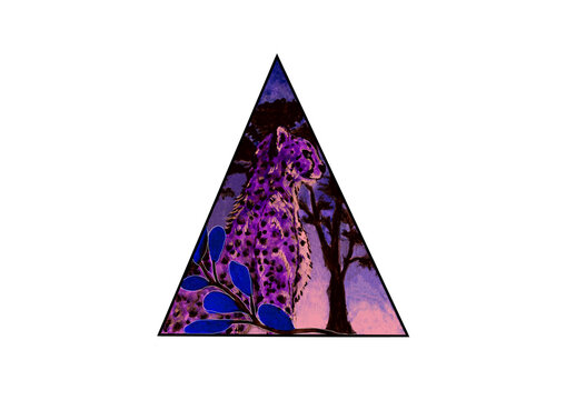 Watercolor cheetah cat in the savannah at sunset, triangle geometry, illustration isolated for your design