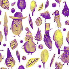 watercolor pattern blue funny doodles in hats and smiles, design for children's book	