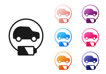 Black Electric car and electrical cable plug charging icon isolated on white background. Renewable eco technologies. Set icons colorful. Vector