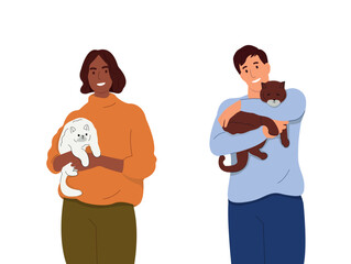 A cute dark-haired girl is holding a cat in her arms. A domestic cat, a pet is sitting on his hands. A woman with a cat