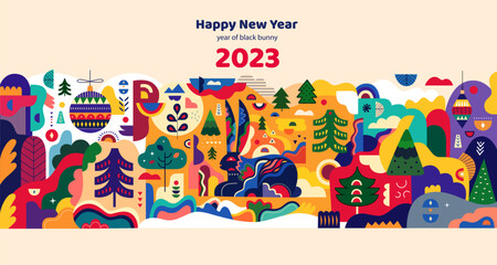Happy New Year 2023 banner template in Scandinavian folk style. Symbol of 2023 year a black bunny. Happy Chinese New Year