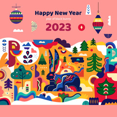 Happy New Year 2023 card template in Scandinavian folk style. Symbol of 2023 year a black bunny. Happy Chinese New Year