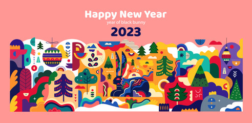 Happy New Year 2023 banner template in Scandinavian folk style. Symbol of 2023 year a black rabbit. Happy Chinese New Year