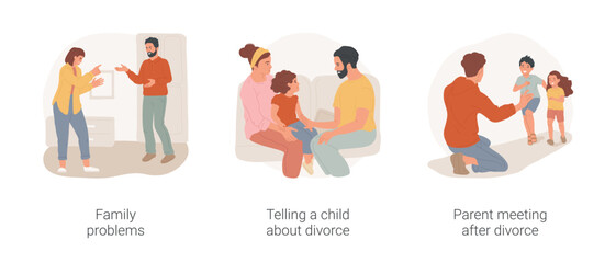 Divorce process isolated cartoon vector illustration set. Family problem, couple conflict, unhappy marriage, parents tell child about divorce, meeting kid after separation vector cartoon.