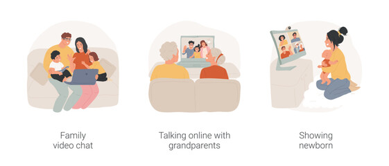 Family online communication isolated cartoon vector illustration set. Family members sit on sofa, having video chat, talking online with grandparents, young parents show newborn vector cartoon.