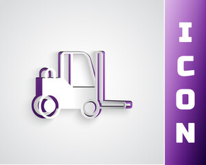 Paper cut Forklift truck icon isolated on grey background. Fork loader and cardboard box. Cargo delivery, shipping, transportation. Paper art style. Vector