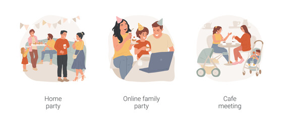 Friends gathering isolated cartoon vector illustration set. Home party with friends, children play, two women meeting in cafe, family online celebration, digital communication vector cartoon.