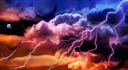 colorful dramatic sky with clouds, lightning, smoking cumulonimbus clouds reflect the golden light of the morning sun.	
