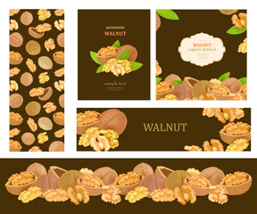 collection of package design element with walnuts on brown backg