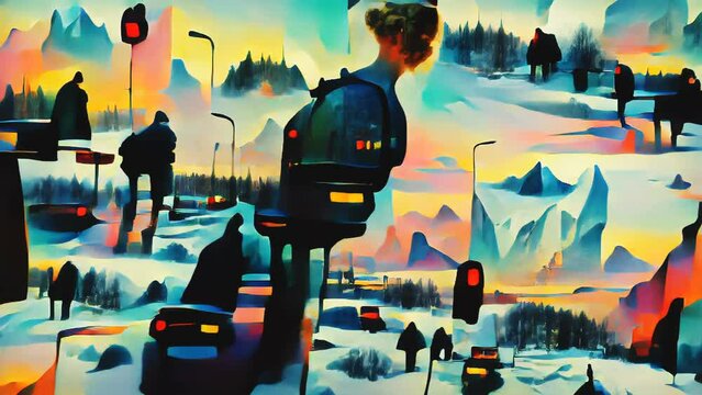 AI generated NFT crypto art of rainbow landscapes. Psychedelics digital image manipulation of an artificial intelligence.Cyberart travel into the mind concept.