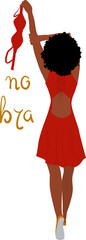 concept of a day without a bra. A dark-skinned girl stands with her back turned and holds a bra in her hand. Postcard "Day without a bra" on October 13. The concept of freedom, feminism, body positivi