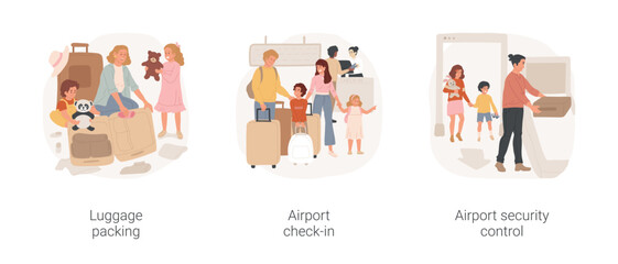 Fototapeta premium Going on vacation isolated cartoon vector illustration set. Luggage fun packing, get ready for vacation, family make airport check-in, stand in line, go through security control vector cartoon.