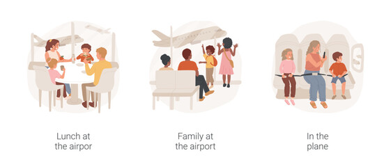 Family at the airport isolated cartoon vector illustration set. Lunch in the airport, family members sit in cafe in departure zone, child watching airplane, look in the plane window vector cartoon.