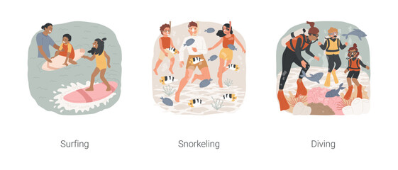 Seaside recreation isolated cartoon vector illustration set. Family surfing class, children stand up on surfboard, snorkeling, swimming with mask, diving together, seaside activity vector cartoon.