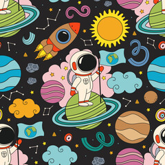 seamless pattern with cute astronaut on the planet - 530098846