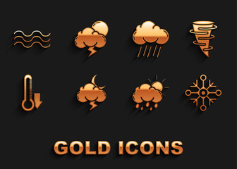 Set Storm, Tornado, Snowflake, Cloud with rain and sun, Thermometer, Waves and icon. Vector