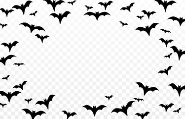 Vector set of bats on an isolated transparent background. Silhouette of bats PNG. Halloween bats PNG. Black bats.