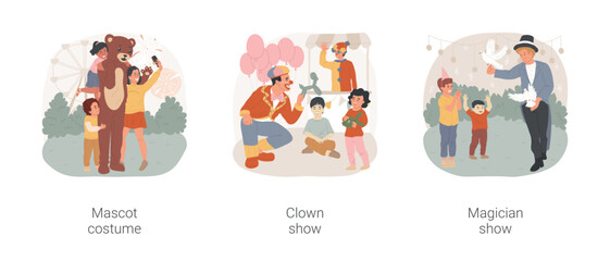 Amusement park shows isolated cartoon vector illustration set. Kid hug man in life-size costume, bear mascot, watch clown show, magician show trick to children, wizard performance vector cartoon.