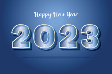 Happy New Year 2023 design text with blue-silver color 3D typography of 2023.
