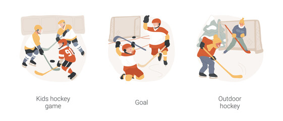 Ice hockey isolated cartoon vector illustration set. Kids hockey tournament, children playing indoors, wearing uniform, scored the puck, happy with goal, outdoor rink, casual game vector cartoon.