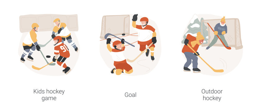 Ice Hockey Isolated Cartoon Vector Illustration Set. Kids Hockey Tournament, Children Playing Indoors, Wearing Uniform, Scored The Puck, Happy With Goal, Outdoor Rink, Casual Game Vector Cartoon.