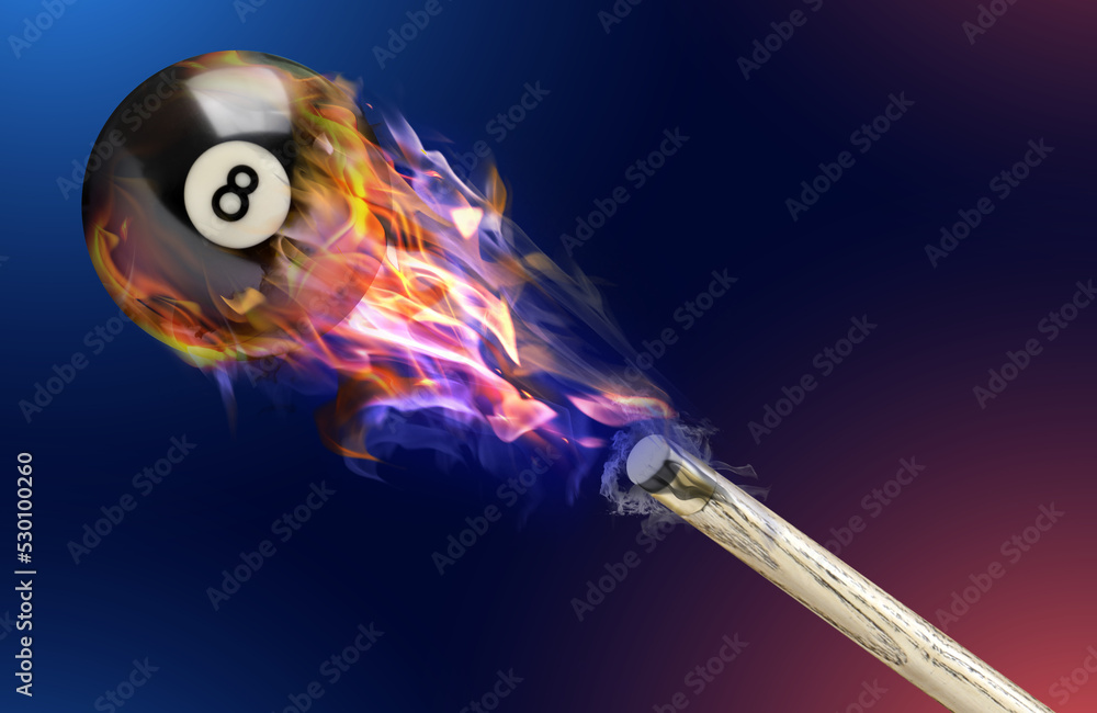 Wall mural cue and billiard ball with number 8 in fire flying on color background