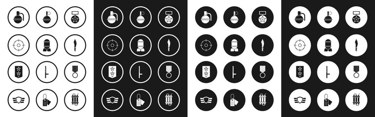 Set Military reward medal, Aviation bomb, Target sport for shooting competition, Hand grenade, knife, and Chevron icon. Vector