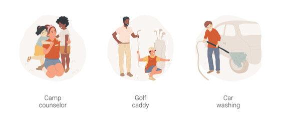 Summer job for teenagers isolated cartoon vector illustration set. Camp counselor, socializing with children, summer camp, gold caddy, boy carry equipment, car washing part-time job vector cartoon.