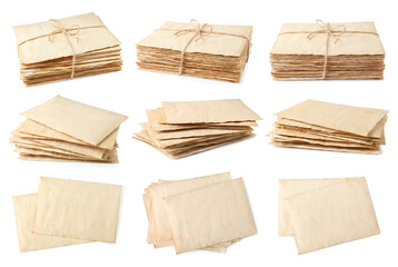 Set with stacks of old letters on white background