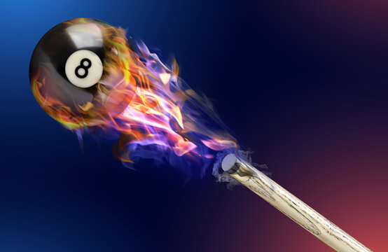 Cue and billiard ball with number 8 in fire flying on color background