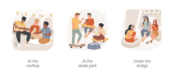 Having good time isolated cartoon vector illustration set. Diverse teens hanging out together at the rooftop, leisure time at the skate park, teenage girls skating under the bridge vector cartoon.