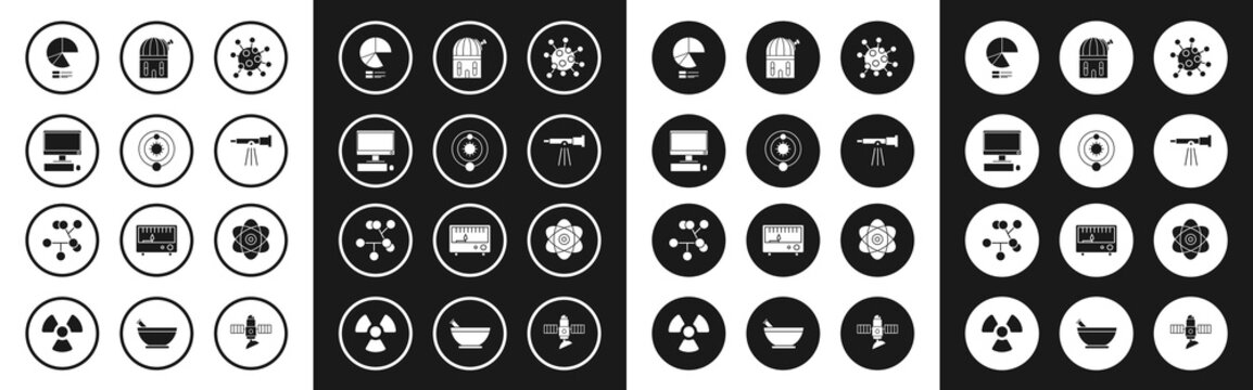Set Bacteria, Solar system, Computer monitor with keyboard and mouse, Pie chart infographic, Telescope, Astronomical observatory, Atom and Molecule icon. Vector