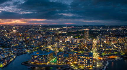 Fototapeta na wymiar Aerial view of buildings in Akashi City center at night
