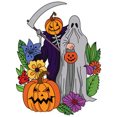 Reaper holding a scythe and Boo costume with creepy pumpkin flowers Halloween coloring illustration