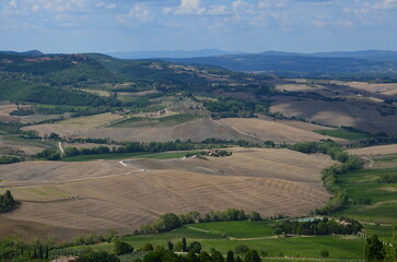 The beautiful countryside and town of Montepulciano in Tuscany on a bright summer day