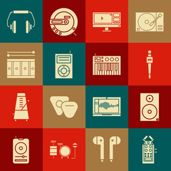 Set Microphone, Stereo speaker, Video recorder or editor software monitor, Music MP3 player, Drum with drum sticks, Headphones and synthesizer icon. Vector