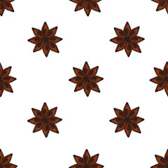 Seamless pattern with anise star on white background. Set with spices. Spices for winter drink.