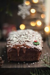 Chocolate cake covered with icing on christmas background