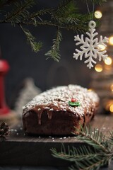 Chocolate cake covered with icing on christmas background