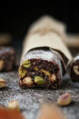 Energy bar with dried fruits and pistachios, vegan product, healthy snack on a dark background