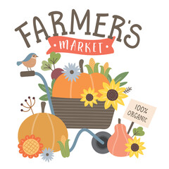 Farmers market and harvest festival poster. Seasonal agricultural fair isolated on white. Pumpkins, sunflowers, organic vegetables, cute  vector flat illustration