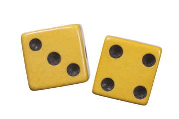 Antique dice with aged yellow patina macro isolated.