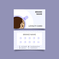 Naklejka premium Coffee shop loyalty card, customer program for cafe. Layout with blank space for stamps, special offer to collect stamps, buy 9 get one drink free. Cup of black coffee and seamless pattern