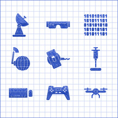 Set Wireless charger, Gamepad, Drone flying, Syringe, Keyboard and mouse, Social network, Binary code and Radar icon. Vector