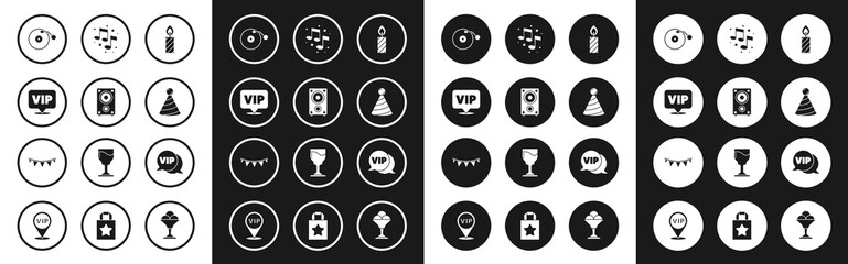 Set Birthday cake candles, Stereo speaker, Location Vip, Vinyl player with disk, Party hat, Music note, tone, speech bubble and Carnival garland flags icon. Vector