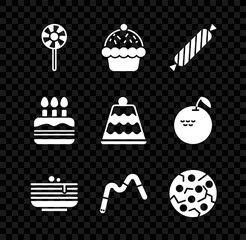 Set Lollipop, Cupcake, Candy, Stack of pancakes, Jelly worms candy, Cookie biscuit, Cake with burning candles and icon. Vector
